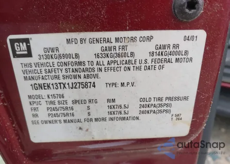 2001 Chevrolet Tahoe Ls z USA, uszkodzony, nr VIN 1GNEK13TX1J275874